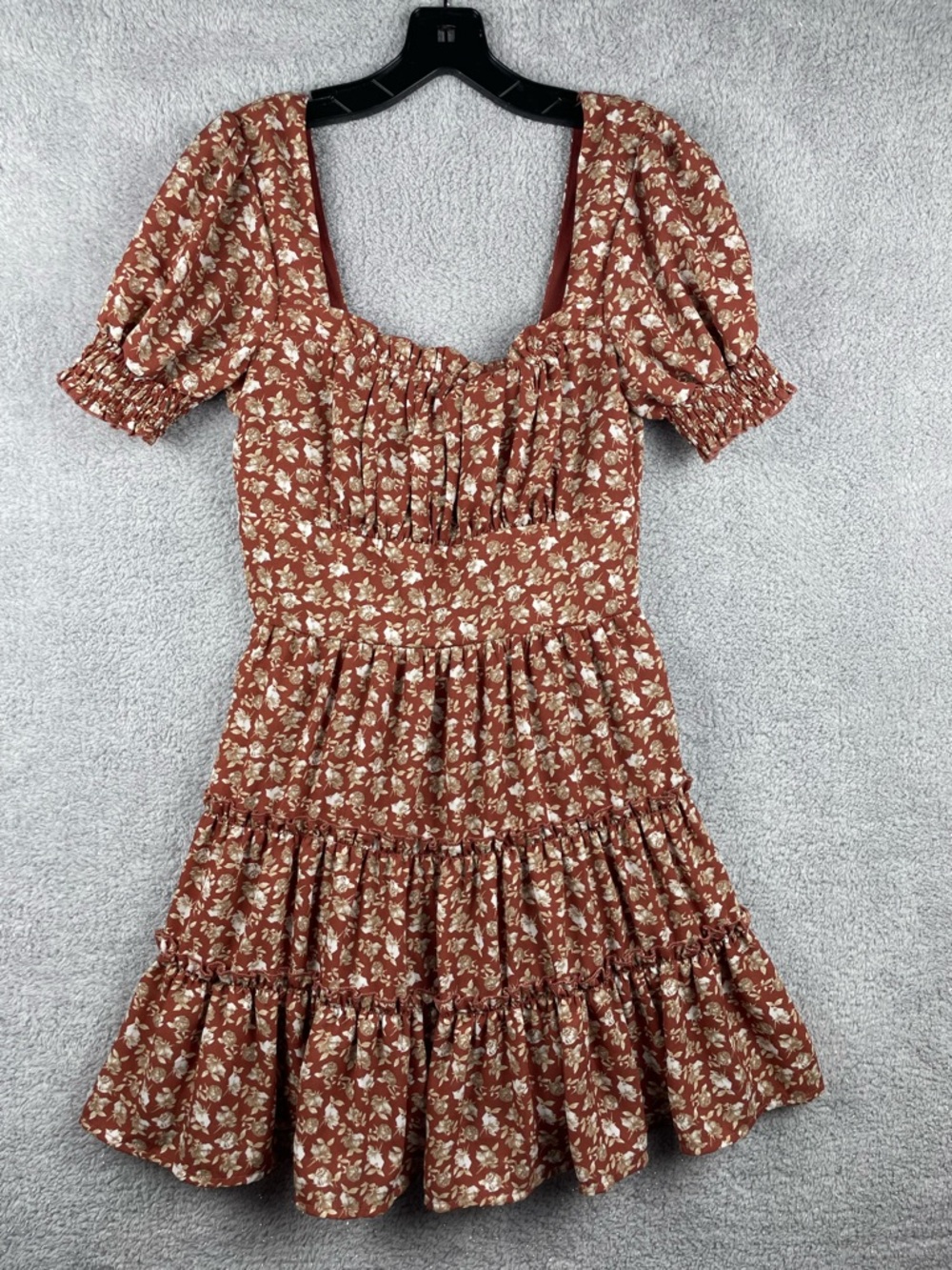 Trixxi Rust Floral Puff Sleeve Tiered Dress